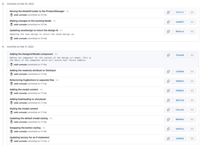Github user interface displaying a list of commits in a pull request